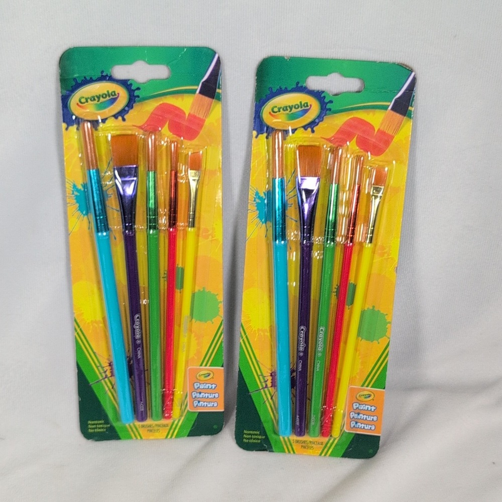2 Pk Crayola Paintbrushes 10 Brushes Total Flat, Round, Angled, Multicolor